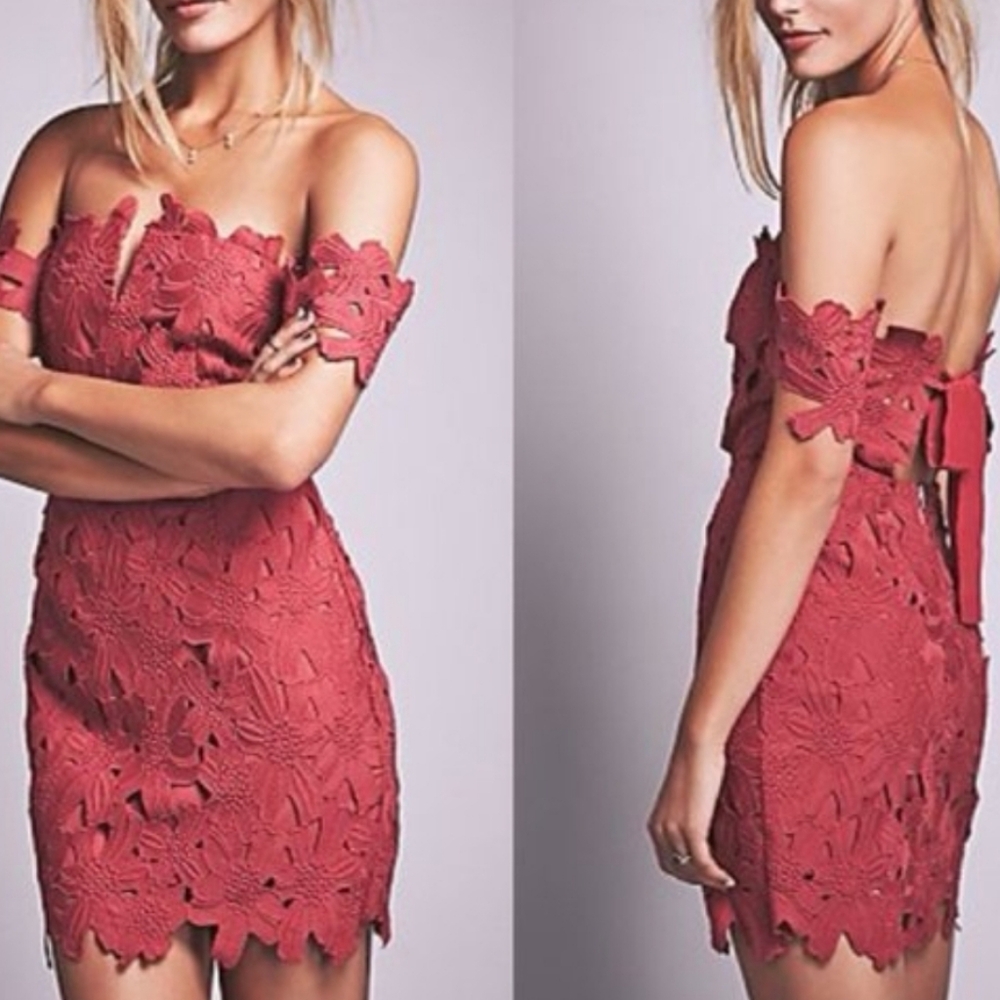 Saylor X Free People Dahlia Off Shoulder Lace Dress In Pink/Rose Combo